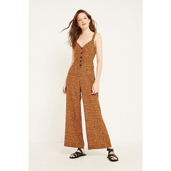 UO Ashley Linen Leopard Print Button Tie-Back Wide Leg Jumpsuit Size Medium - Picture 1 of 8